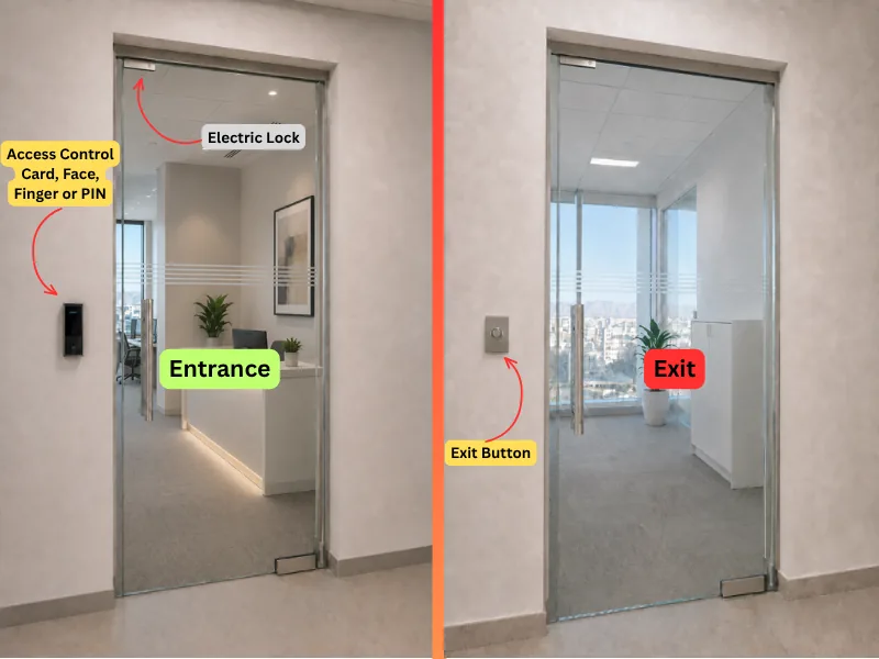 access control device, lock and exit button installed at an office door in oman