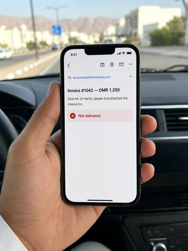 An invoice email marked not delivered on a phone in Oman